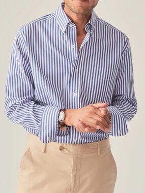 J. McLaughlin Men Collis Classic Fit Shirt Bengal Pin Stripe Blue White Cotton L